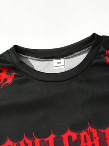 Bộ 2 món cho bé trai tuổi teen, áo thun ngắn tay và quần short, phong cách đường phố, in họa tiết, trang phục thể thao thường ngày. - màu đen - Xem 3