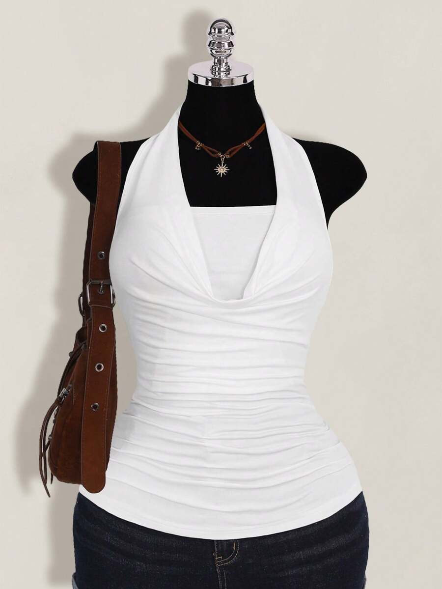 SHEIN ICON 加大码 2 件套 西式女士外出夏季波西米亚风露背棕色吊带背心和吊带衫 - 白色 - 查看 1