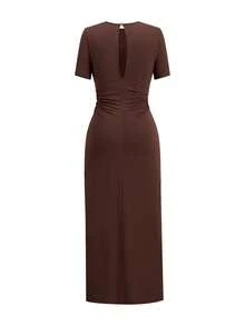 Ellevyn Plus Size Elegant Commuter Solid Color Wrap Dress With Metal Decor, Summer Summer Dress  Summer Outfits Festival Outfits For Women Festival Dresses  Festa Junina Junina Party Dress Sao Joao Women's Clothing Elegant Dresses For Party Wedding Guest Dress Wedding Guest Dress For Women  Wedding Party Dress Bridesmaid Dress  Graduation Dress Going Out Outfits  Ceremony Dress Elegant Ceremony Dresses Birthday Dress Elegant Dresses For Women  Casual Dresses Holiday Dress Holiday Outfits Formal Dress - Brown - View 3