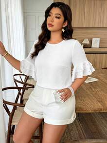 Weeklong Plus Size Women's Round Neck Ruffle Sleeve Beaded Casual Blouse, Spring/Summer - Beige - View 7