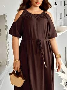 Ceyna Đầm maxi dài dáng rộng màu trơn dệt kim cổ tròn trễ vai tay lửng thắt eo dành cho nữ cỡ lớn, kiểu dáng thanh lịch cổ điển, thích hợp cho kỳ nghỉ hè/mùa xuân. - Cà phê nâu - Xem 5