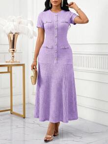 SHEIN Lady 女士纽扣设计圆领短袖优雅长裙 - 紫色 - 查看 5