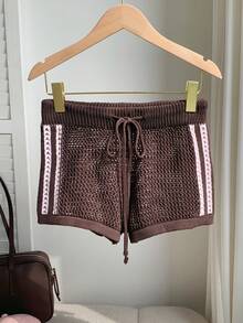 Comfortcana Shorts esportivos casuais de verão femininos com cintura ajustável por cordão e listras laterais contrastantes em tricô. - Castanho Café - Ver 5