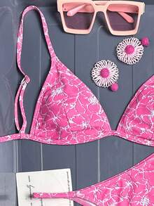 Swim Vcay Women's Printed Spaghetti Strap Sexy Tropical Beach Vacation Swimwear Set Hot Pink Summer - Multicolor - View 4