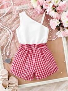 Elladie kids Mädchen gestricktes geripptes rosa asymmetrisches Fünf-Blüten-Top und gerippte Perlknopf-Shorts Set, frisch und lässiger Sommeroutfit - Rot - Übersicht 2