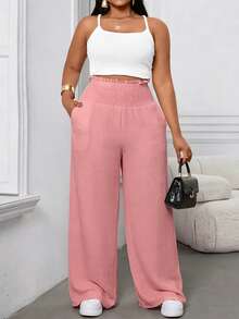 SHEIN LUNE CURVE Pantalones casuales sueltos de gasa de unicolor para mujer talla grande, primavera/verano, con cintura elástica y bajo acampanado, adecuados para el trabajo y el uso diario - Rosa - Ver 8