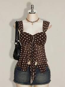 SHEIN ICON Áo tank top nữ in họa tiết chấm bi cổ điển, vạt áo bất đối xứng, viền lưới. - Nhiều màu - Xem 1