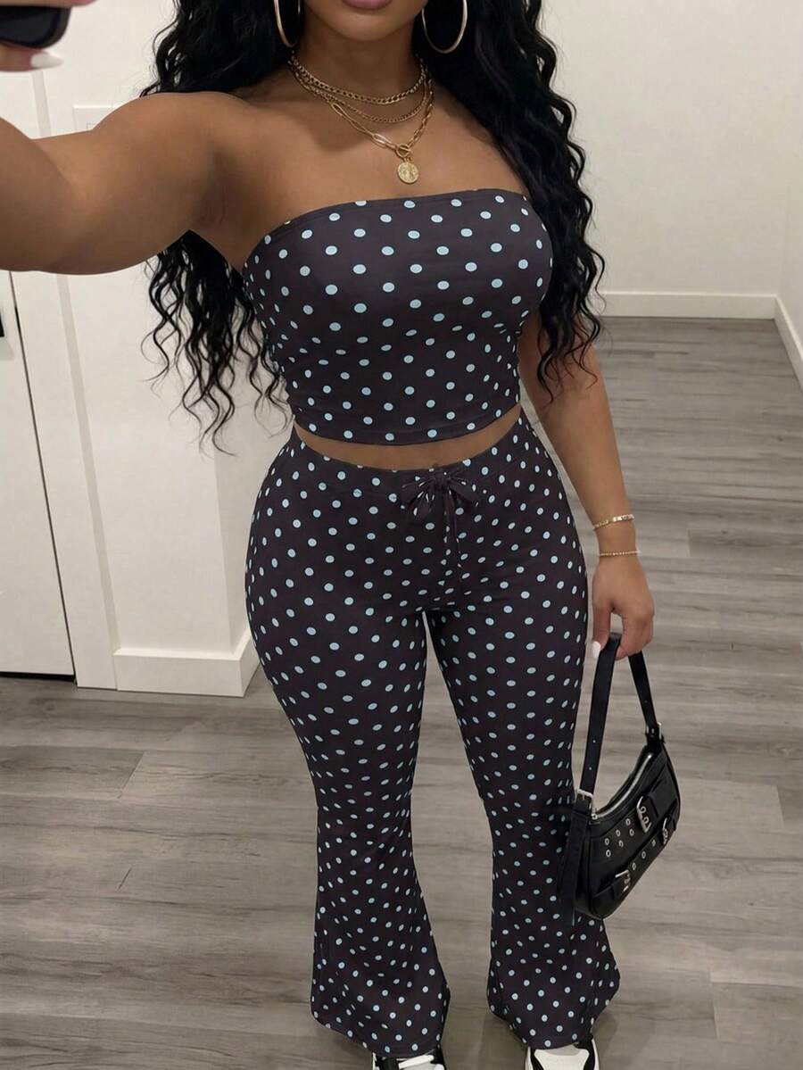 Slaydiva Women's Black And White Polka Dot 2 Piece Set,Summmer 1960s Vintage Bandeau Top & High-Waisted Flared Pant, Fitted Club Night Party Outfits - Multicolor - View 1