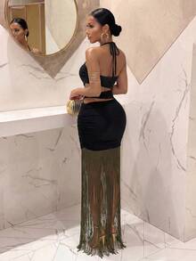Slaydiva Đầm maxi ôm sát màu đen dành cho nữ, cổ yếm, khoét eo, viền tua rua ánh kim - Trang phục dự tiệc gợi cảm - A - màu đen - Xem 8