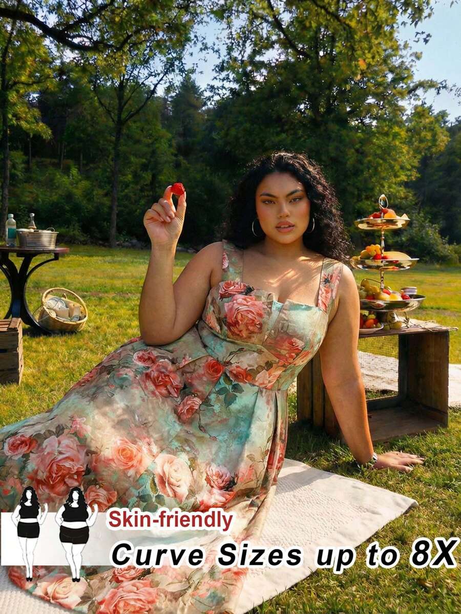 SHEIN CURVE+ Plus Size Women's Elegant Solid Color Puff Sleeve Dress