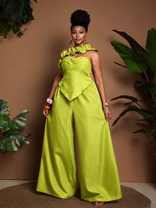 Maweii Mono de pierna ancha con volantes y escote bandeau en color negro, talla grande y estilo retro sexy - Verde - Ver 3