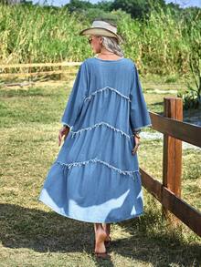 EMERY ROSE Đầm denim nữ dáng suông, chất liệu denim bạc màu, có bèo nhún ở gấu, thích hợp cho mùa thu. - Rửa nhẹ - Xem 2
