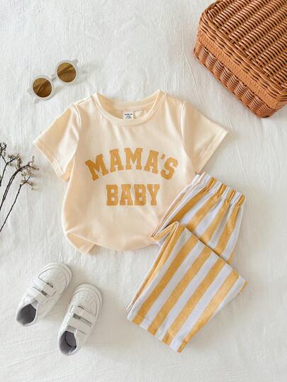 2pcs/Set Toddler Unisex Baby Boy/Girl Casual Cute Slogan Short Sleeve T-Shirt And Striped Pants Outfit Sets, Baby Boy Summer Clothes,Partywear Guidelines,Vintage,Mothers Day Outfit,Squishy