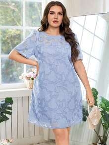 Reflora Plus Size Solid Color Minimalist Daily Wear Round Neck Short Sleeve Dress - Baby Blue - View 6