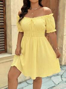 SHEIN LUNE Đầm trễ vai kẻ sọc và họa tiết hoa cỡ lớn dành cho mùa hè - Màu vàng - Xem 3