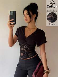 Siren Gaze Women's Elegent Black V-Neck Sheer Lace Panel Ruched Cotton Top,Chic Night Out Party Blouse,Short Batwing Sleeve Summmer Casual Shirt T-Shirt - Black - View 7