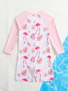 SHEIN Bộ đồ bơi liền thân dài tay in hình cá mập cho bé gái, họa tiết dễ thương, chống nắng, thích hợp cho mùa hè. - Màu Hồng baby - Xem 2