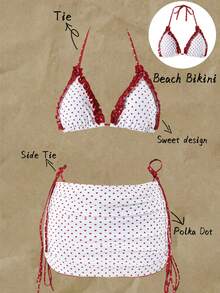 Swim Mod Bộ đồ bơi nữ, trang phục đi biển mùa hè. Mẫu bikini 3 mảnh phong cách Pháp ngọt ngào bán chạy nhất với họa tiết chấm bi đỏ trắng, thiết kế viền bèo nhún, kèm váy dây rút. - Đỏ và trắng - Xem 5