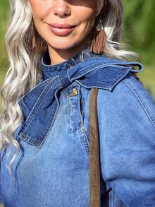 EMERY ROSE Women's Casual Denim Blouse With Bow Collar And Raglan Sleeves - Medium Wash - View 7