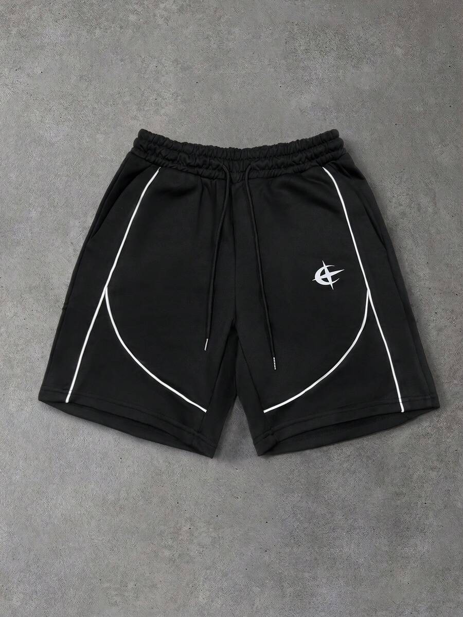 PAVTROS Men's Fashion Casual Cross Star Striped Print Drawstring Waist Pocket Shorts - Black - View 1