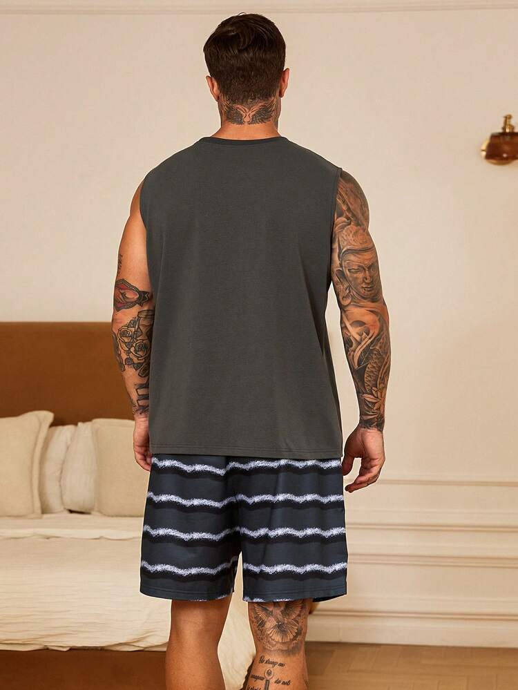 Men's Casual Shorts & Tank Top Set, Letter Print, Multi-Color, Loungewear Summer