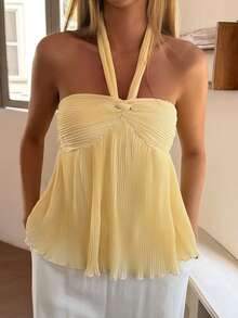 Livesso Tie-Neck Pleated Women Camisole Summer - Yellow - View 4