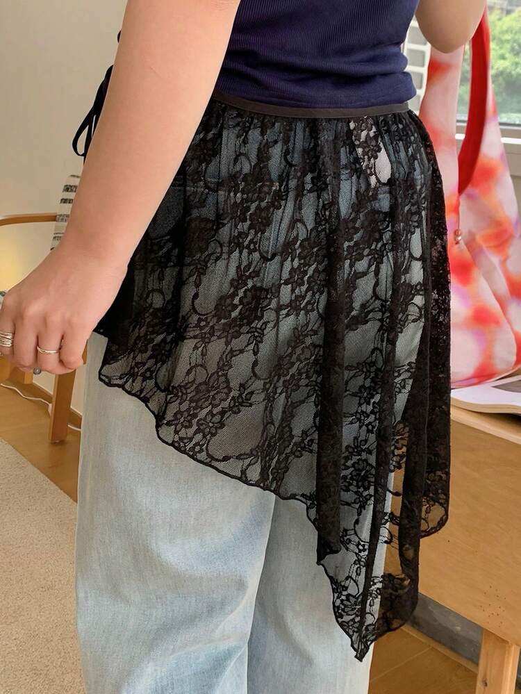 Dazy Plus Sheer Lace Black Versatile Layered Asymmetrical Hem Casual Plus Size Women's Short Skirt, Spring/Summer
