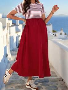 SHEIN Maternity Casual Striped Patchwork Dress - Red - View 1