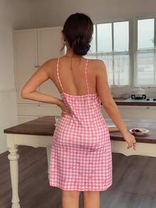 Napfluff Summer New Arrival Cute Lace Patchwork Plaid Bow Print Camisole Nightgown - Pink - View 2