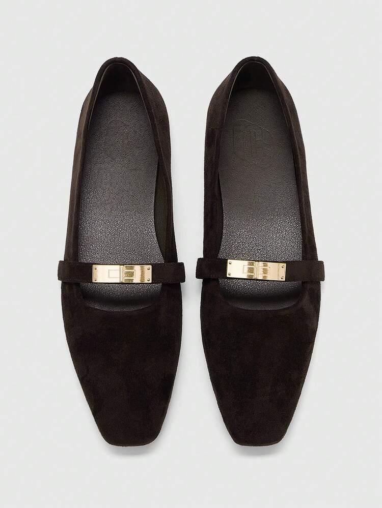 CUCCOO BIZCHIC Women Shoes Small Square Toe Flat Bottom Brown Suede Metal Buckle Women's Low Vamp Flat Bottom Shoes Light And Comfortable Commuting Mary Jane With Skirt Women's Shoes