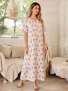 Serenescape Women's Casual Vacation Floral Print Patchwork Ruffle Hem Long Nightgown - Apricot - View 4