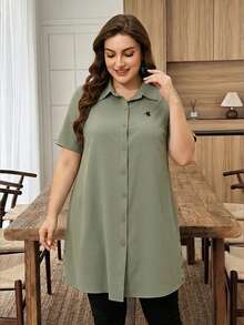 Lacomfia Plus Size Solid Color Long Loose Casual Embroidered Blouse Formal Office Bussines Sage Green Summer - Army Green - View 5