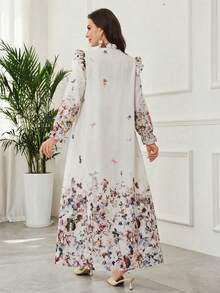 Al Najma Ruched Floral Patterned Elegant Dress With Headscarf - Multicolor - View 7