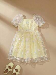 SHEIN Glamorique Kids 1件女童甜美薄纱裙连衣裙，黄色花瓣袖公主风碎花网纱连衣裙，适合派对装扮和夏季穿着 - 黃色 - 查看 9