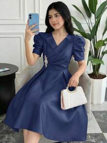 SHEIN 少女藏蓝色缎面羊腿袖A字型派对晚礼服 - 藏蓝色 - 查看 6