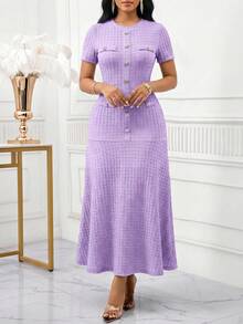 SHEIN Lady 女士纽扣设计圆领短袖优雅长裙 - 紫色 - 查看 8