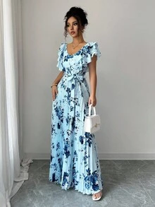 Elenzga Đầm nữ thanh lịch, lãng mạn, cổ chữ V, in kỹ thuật số, kiểu dáng nghỉ dưỡng, eo bèo nhún. - Nhiều màu - Xem 6