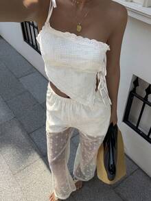 DAZY Spring/Summer Women's Textured Fitted Camisole Top & Loose Pants 2 Pieces Set Lounge Sets For Women - White - View 6