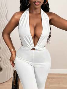 BamGleam Bộ jumpsuit nữ thiết kế khoét lưng cổ chữ V sâu, phù hợp cho hẹn hò, chụp ảnh, tiệc tùng, đi club, tiệc chiêu đãi, kỳ nghỉ biển. Bộ jumpsuit gợi cảm, co giãn tốt, ôm eo. - trắng - Xem 7