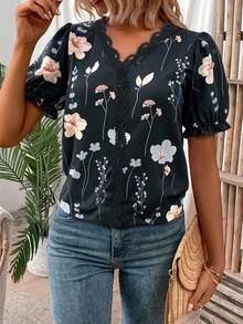 SHEIN LUNE Áo cánh tay bồng ngắn ren họa tiết hoa tương phản dành cho nữ, trang phục đi nghỉ - màu đen - Xem 4