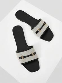 MOTF PREMIUM Giày sandal đế bằng hở mũi dành cho nữ, phong cách thường ngày/công sở, phối lưới tương phản, trang trí kim loại. - màu đen - Xem 2