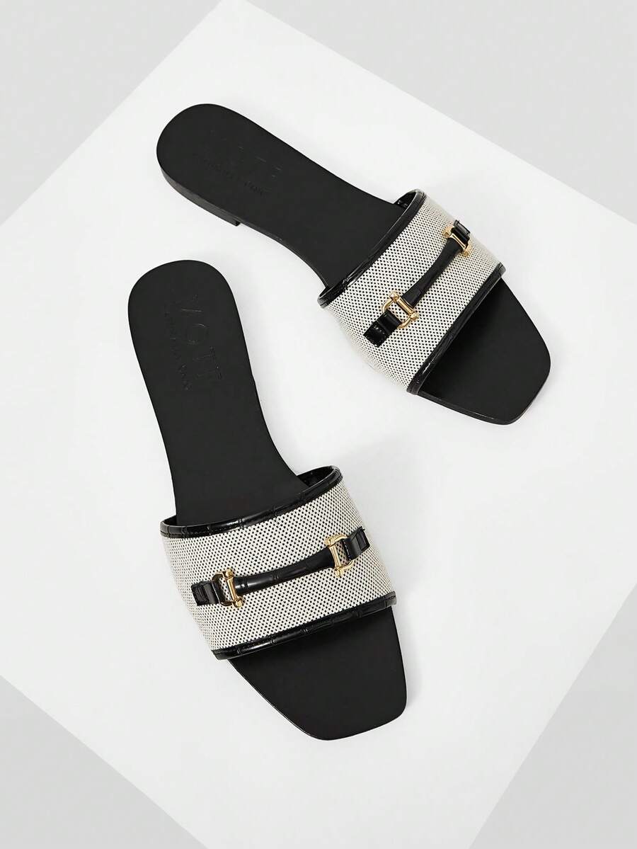 MOTF PREMIUM Giày sandal đế bằng hở mũi dành cho nữ, phong cách thường ngày/công sở, phối lưới tương phản, trang trí kim loại. - màu đen - Xem 2