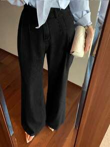 Quần jeans ống rộng xếp ly xanh giặt cạp cao, quần denim rộng rãi và đa năng cho mùa thu/đông - màu đen - Xem 2