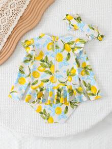 Bộ áo tắm liền thân dài tay in hình chanh cho bé gái, chất liệu vải dệt kim, viền bèo nhún, kiểu dáng thời trang, thanh lịch, thích hợp cho bơi lội, đi biển, hồ bơi, kỳ nghỉ hè, lễ hội. - Màu vàng - Xem 2