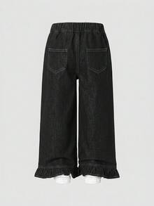 SHEIN 女童休闲柔软棉质牛仔裤，松紧腰，喇叭裤脚，宽松版型，适合日常穿着和度假，黑灰色水洗 - 深灰色 - 查看 5