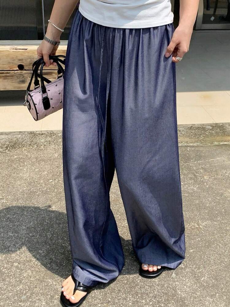Dazy Plus Plus Size Women's Casual Elastic Waist Drawstring Wide Leg Pants, Loose Fit, All Season, Blue
