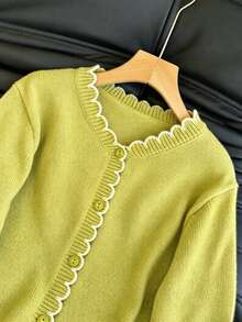 SHEIN Franclia Women's French Romantic Contrast Color Ruffle Trim Cardigan, Suitable For Commuting - Olive Green - View 4
