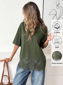 Easowa Black Short Sleeve Round Neck Lace Hem Loose T-Shirt For Women,Summer Top - Army Green - View 4