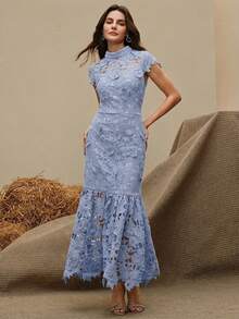 Anewsta Navy Blue Elegant Embellished Party Mermaid Hem Short Sleeve Dress - Baby Blue - View 4