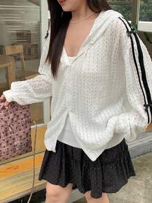 Dazy Plus Textured Lace Fabric Korean Style Striped Patchwork Loose Bow Decor Casual Long Sleeve Spring/Summer White Plus Size Women Regular Jacket - White - View 9